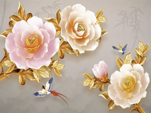 Fototapeta Kwiaty 3D z Złotymi Liśćmi