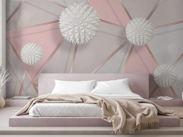 Fototapeta z białymi kulistymi strukturami geometrycznymi na różowym tle