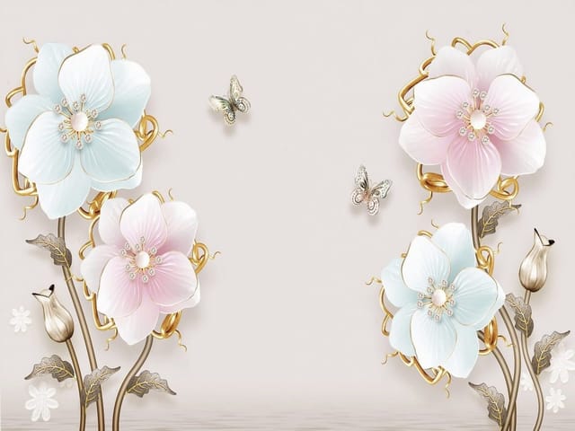 Fototapeta Kwiaty z Perłami i Złotymi Ornamentami