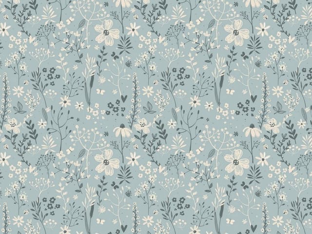 Fototapeta z dużymi kwiatami i liśćmi na niebieskim tle z motylami