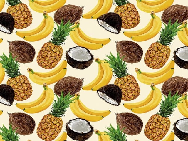 Fototapeta z bananami, ananasami i kokosami na jasnym tle