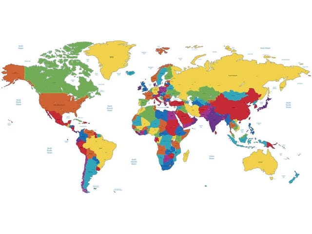 Fototapeta Kolorowa mapa świata z kontynentami (mpn: 2516) Fototapeta z kolorową mapą świata, kontynentami i oceanami na białym tle
