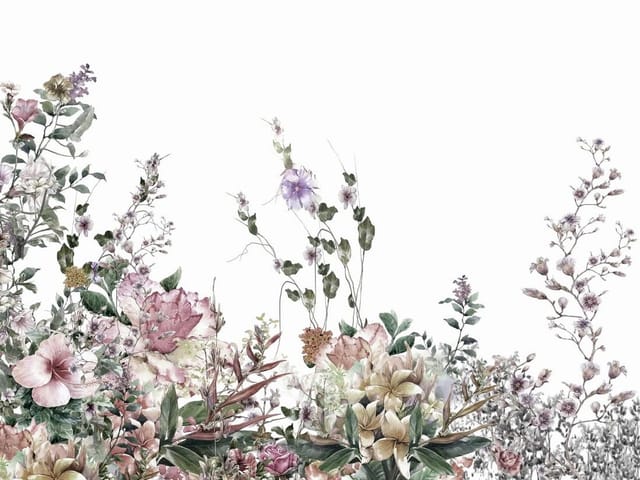 Fototapeta z kompozycją kwiatową na białym tle z zielonymi liśćmi