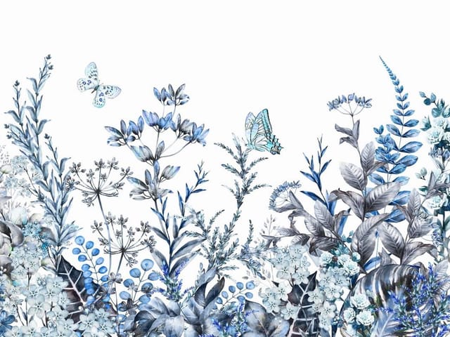 Fototapeta z niebieskimi kwiatami i liśćmi na białym tle, delikatne odcienie