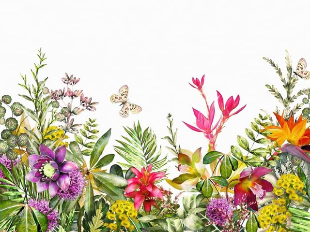 Fototapeta z egzotycznymi kwiatami i zielonymi liśćmi na jasnym tle