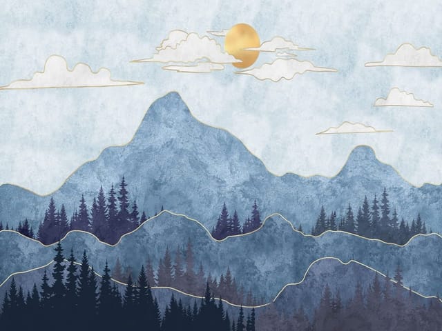 Fototapeta Górski krajobraz z lasem i słońcem