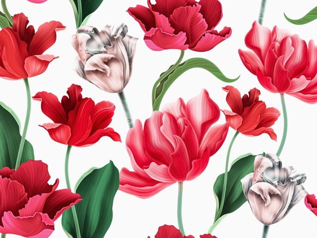 Fototapeta z czerwonymi i różowymi tulipanami na białym tle