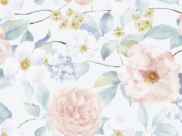 Fototapeta z pastelowymi różami i białymi kwiatami na gałęziach