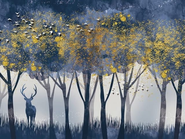 Fototapeta przedstawiająca las z jeleniem, żółte liście i ciemne niebo