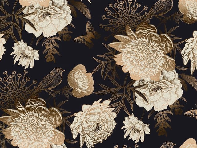 Fototapeta Kwiaty piwonii na ciemnym tle (kod: 25231) Fototapeta z dużymi beżowymi kwiatami piwonii i delikatnymi liśćmi na ciemnym tle