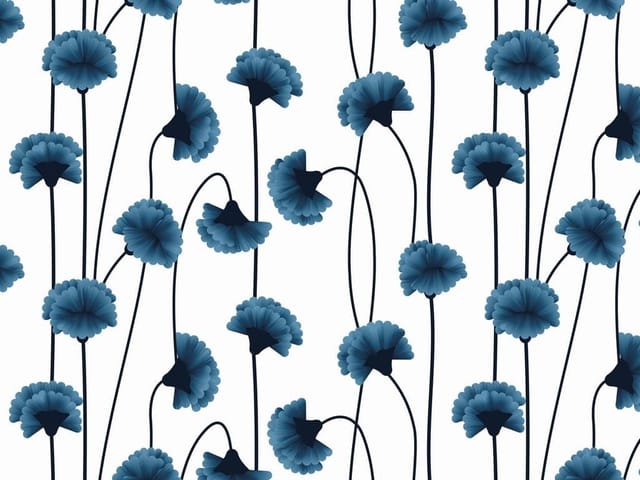 Fototapeta z niebieskimi kwiatami na białym tle, cienkie czarne łodygi