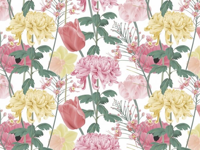 Fototapeta z kwiatami – żółte chryzantemy, różowe tulipany, zielone liście