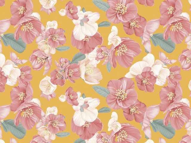 Fototapeta z dużymi różowymi kwiatami, białymi płatkami i zielonymi liśćmi