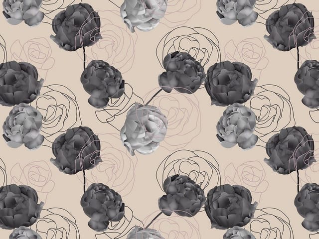 Fototapeta z szarymi kwiatami na beżowym tle, kontury w tle