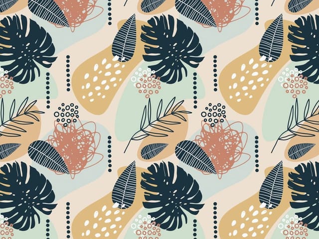 Fototapeta Abstrakcyjne Liście i Kształty (kod: 25295) Fototapeta z abstrakcyjnymi liśćmi monstery i kształtami na kolorowym tle