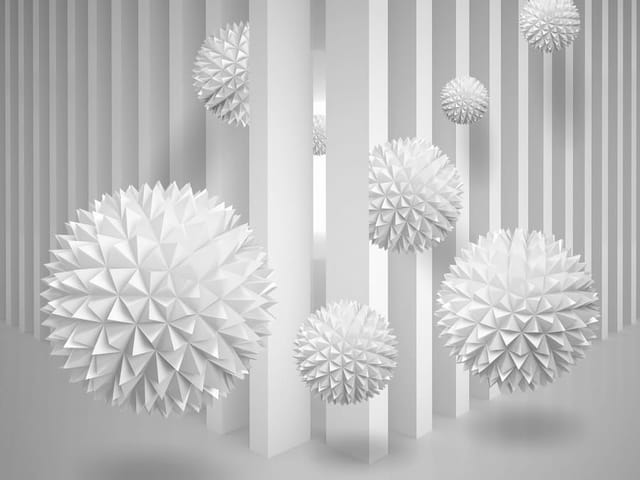 Fototapeta z białymi kulami z kolcami i kolumnami w tle