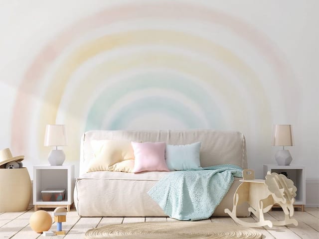 Fototapeta z delikatną tęczą na białym tle, pastelowe kolory