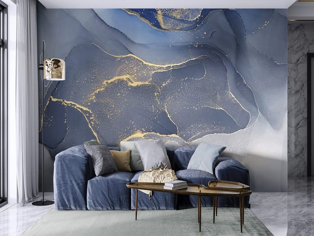 Fototapeta z abstrakcyjnymi falami i liniami w odcieniach niebieskiego.