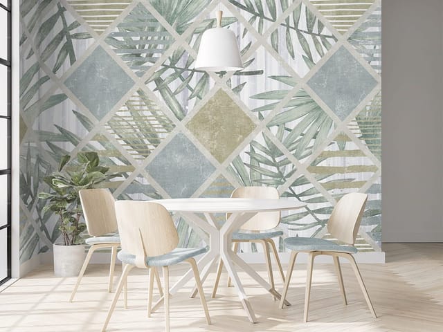 Fototapeta z geometrycznym wzorem, diamentowe kształty z liśćmi palmowymi