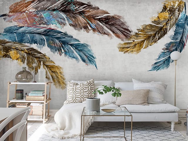 Fototapeta Kolorowe pióra na jasnym tle (kod: 25385) Fototapeta z kolorowymi piórami na jasnym tle, różne kierunki