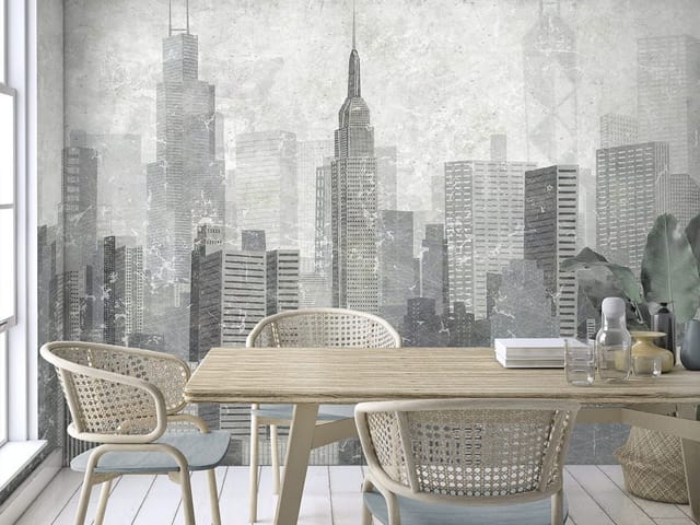 Fototapeta Panorama miasta z wieżowcami (kod: 25406) Fototapeta z panoramą miasta, wieżowce o różnorodnych kształtach na tle jasnego nieba