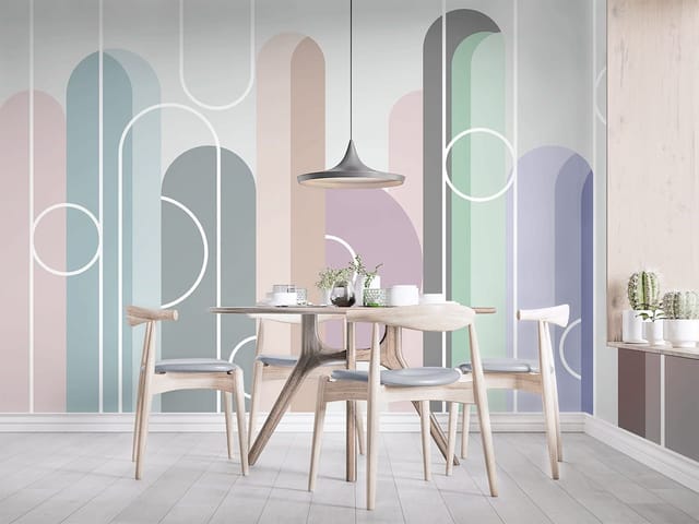 Fototapeta z kolorowymi pionowymi kształtami geometrycznymi na szarym tle