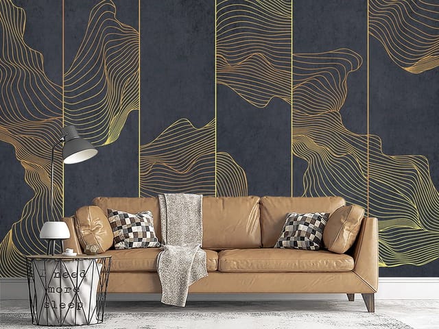 Fototapeta z złotymi falistymi liniami na ciemnym tle, geometryczne wzory