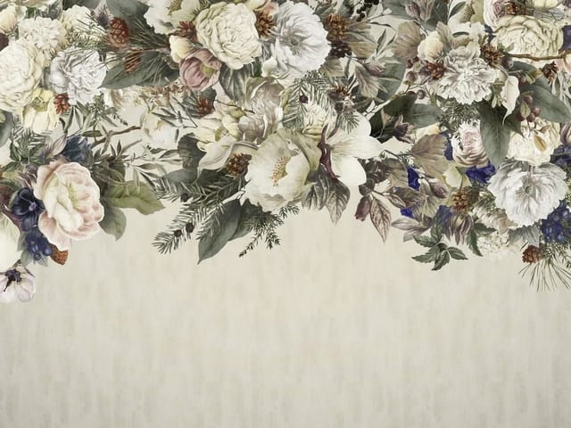 Fototapeta z bukietem róż, dużymi białymi i różowymi kwiatami oraz ciemnozielonymi liśćmi