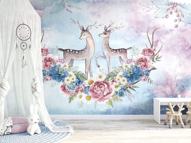 Fototapeta z dwoma jeleniami otoczonymi kolorowymi kwiatami