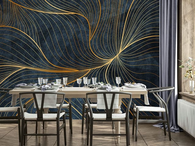 Fototapeta ze złotymi liniami na ciemnym, teksturowanym tle, tworzącymi faliste wzory