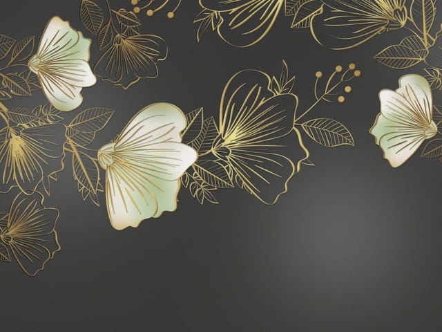 Fototapeta Egzotyczne złote kwiaty i motyle (kod: 25443) Fototapeta z motywem egzotycznych kwiatów i złotych motyli na ciemnym tle