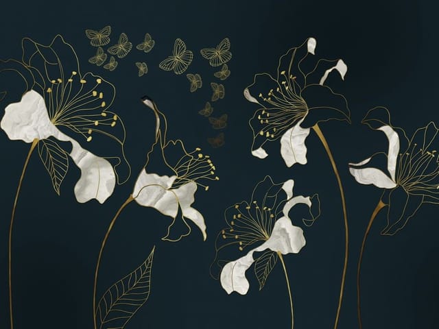 Fototapeta z dużymi białymi liliami na ciemnym tle z motylami