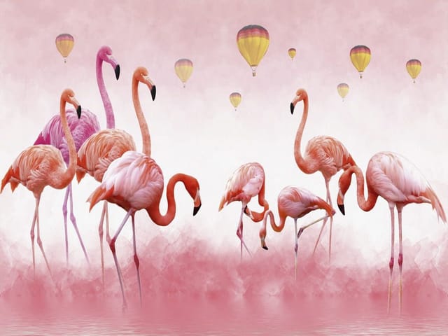 Fototapeta z flamingami stojącymi w wodzie na tle różowego nieba i balonów