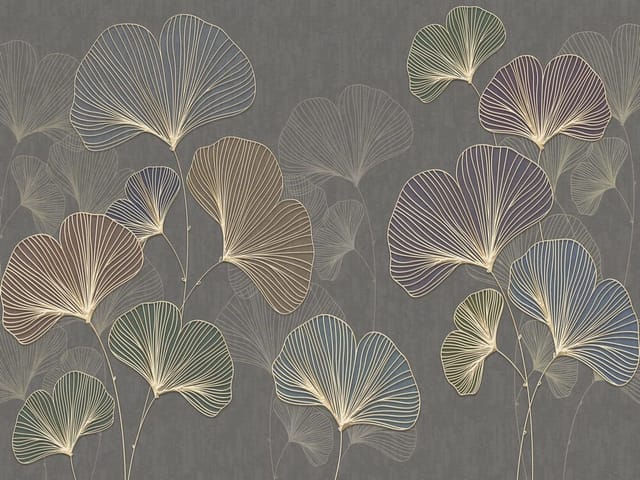 Fototapeta z abstrakcyjnymi liśćmi na szarym tle, różnorodne odcienie i rozmiary