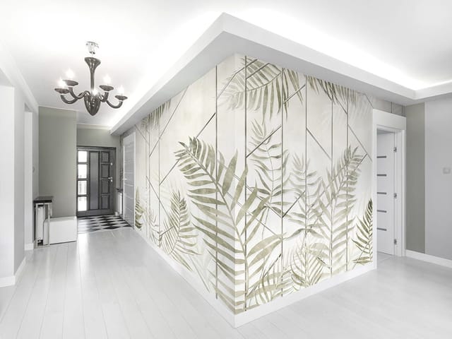 Fototapeta z dużymi liśćmi paproci na tle geometrycznych linii