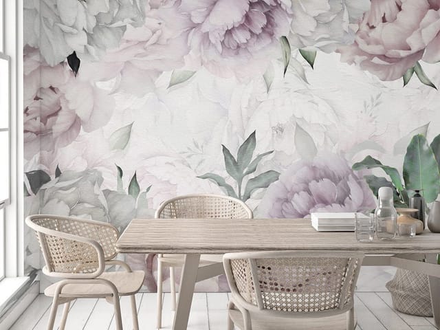 Fototapeta z dużymi kwiatami piwonii w pastelowych odcieniach różu i bieli