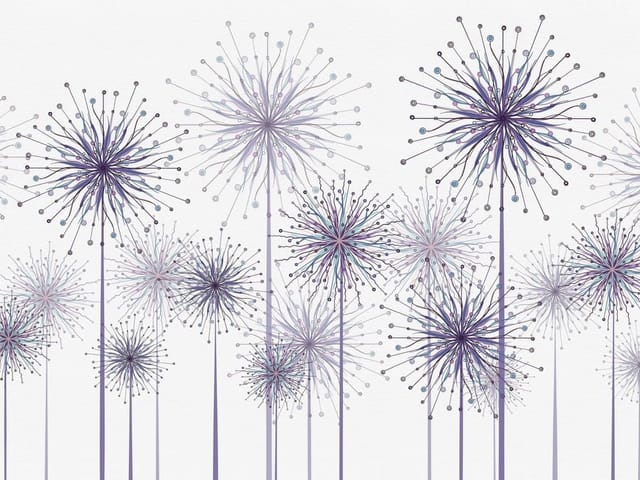 Fototapeta z abstrakcyjnymi kwiatami dmuchawców na białym tle z fioletowymi wzorami