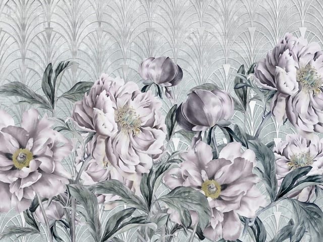 Fototapeta z dużymi kwiatami piwonii i geometrycznym tłem