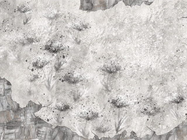 Fototapeta z abstrakcyjnymi wzorami i delikatnymi roślinami na szarym tle