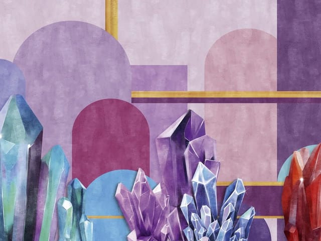 Fototapeta z kolorowymi kryształami i geometrycznymi kształtami w fioletach