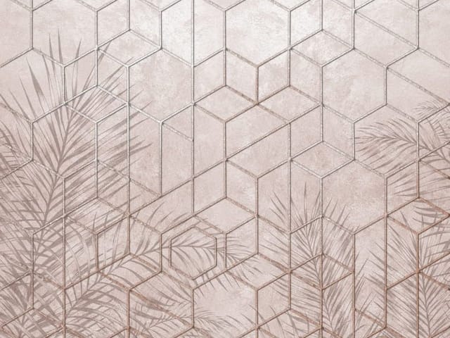 Fototapeta Geometryczne wzory z liśćmi palmowymi (kod: 25572) Fototapeta z geometrycznymi wzorami i delikatnymi liśćmi palmowymi na jasnym tle