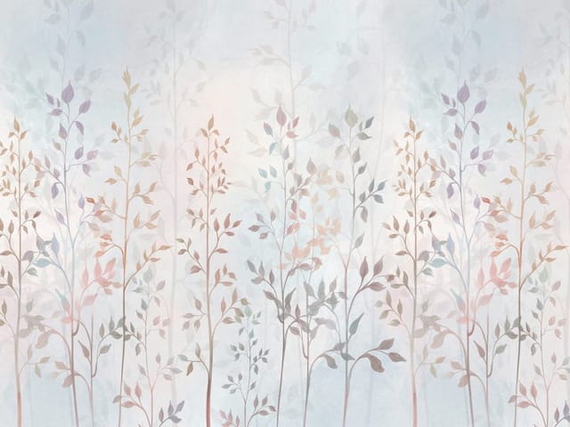 Fototapeta z delikatnymi gałązkami i liśćmi w pastelowych odcieniach