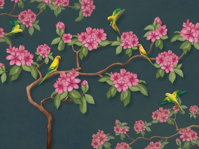 Fototapeta z gałęzią magnolii, różowe kwiaty i zielone liście na ciemnym tle