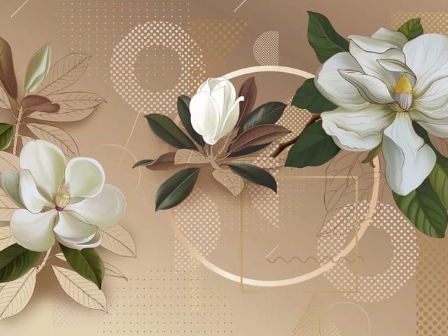 Fototapeta z trzema dużymi kwiatami magnolii na beżowym tle