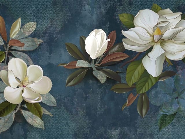 Fototapeta z białymi kwiatami magnolii na ciemnoniebieskim tle