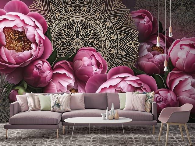 Fototapeta Różowe piwonie i złote mandale (kod: 25595) Fototapeta Różowe piwonie i złote mandale