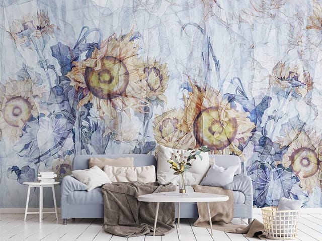 Fototapeta z dużymi słonecznikami na tle z odcieniami niebieskiego