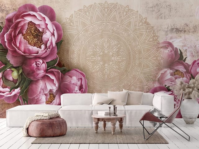 Fototapeta z bukietem różowych piwonii na tle beżowej mandali