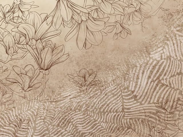 Fototapeta z delikatnymi szkicowymi kwiatami i abstrakcyjnymi wzorami