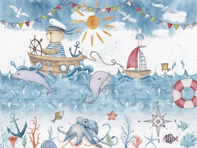 Fototapeta z niedźwiedziem w marynarskim stroju na drewnianej łodzi z delfinami